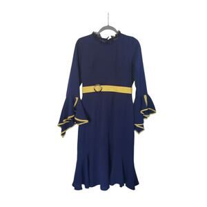 Vicky and Lucas Navy Blue Yellow Ruffled Lace Retro Midi Dress, Women's Medium